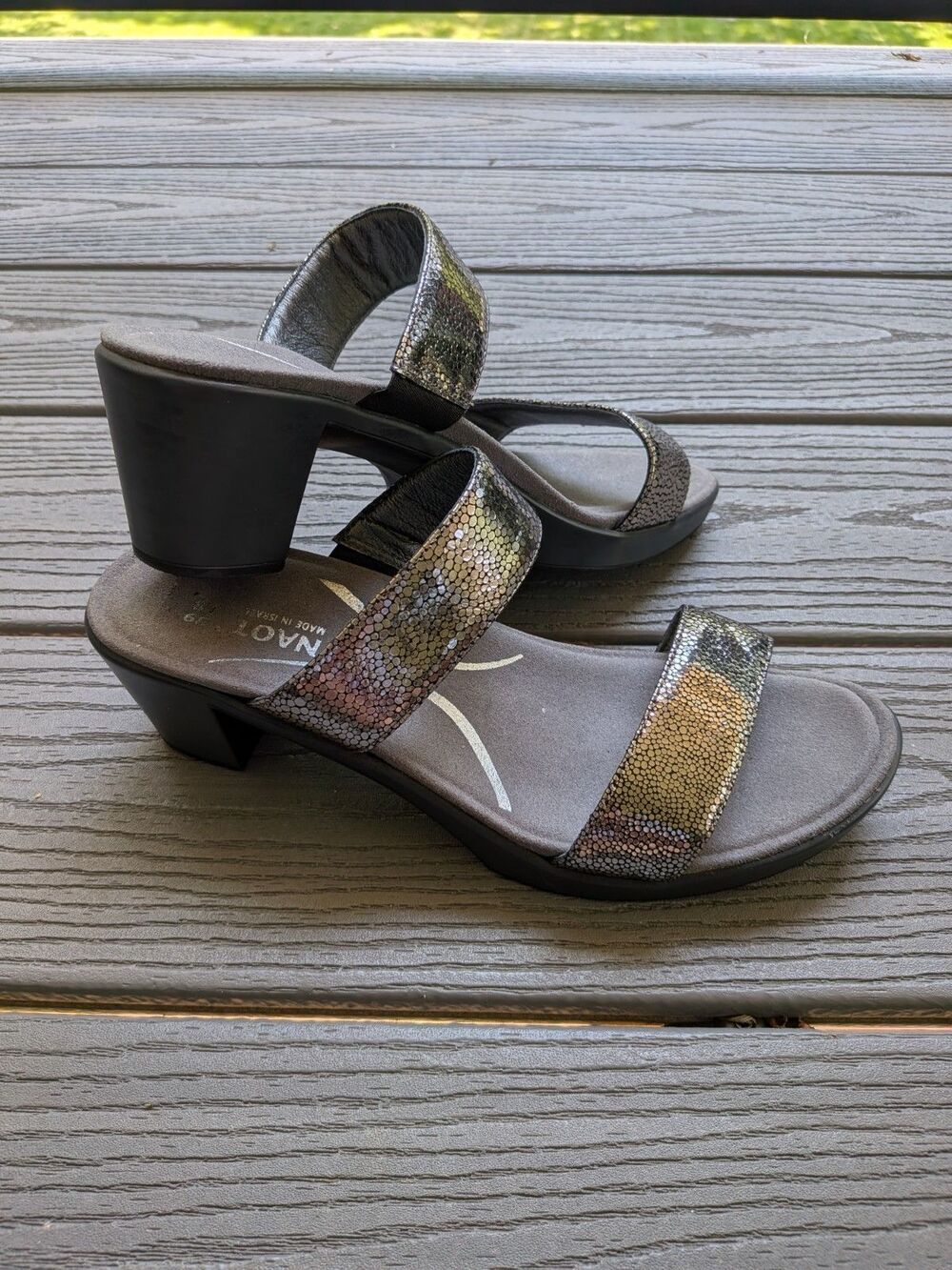 Naot Fate Heel Sandal Womens 8 EU 39 Silver Pewter Pebble Leather Slip On Shoes